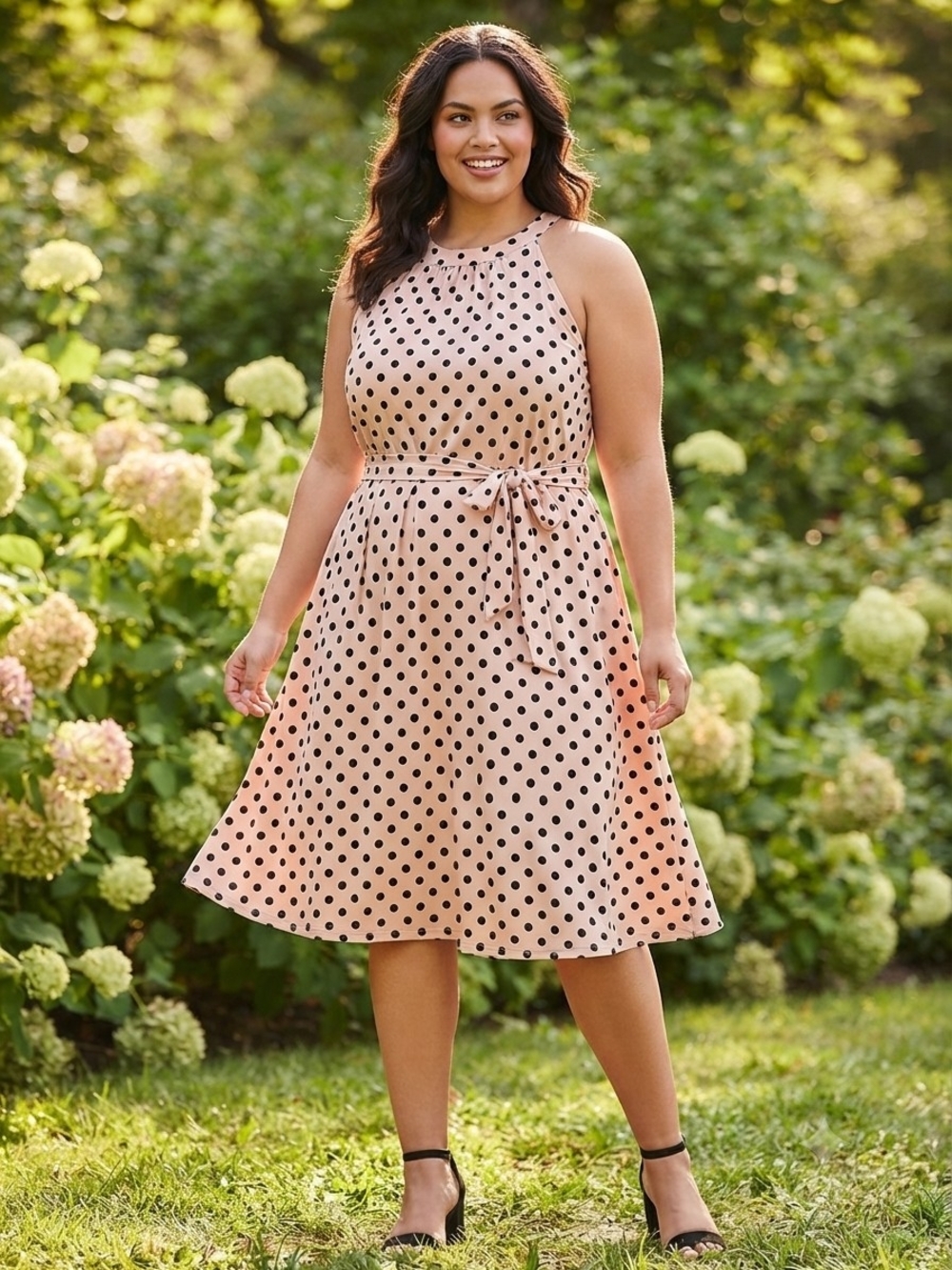 C Est. 1946 Plus Size 22/24W Pink Black Polka Dot Halter Swing Dress Belt